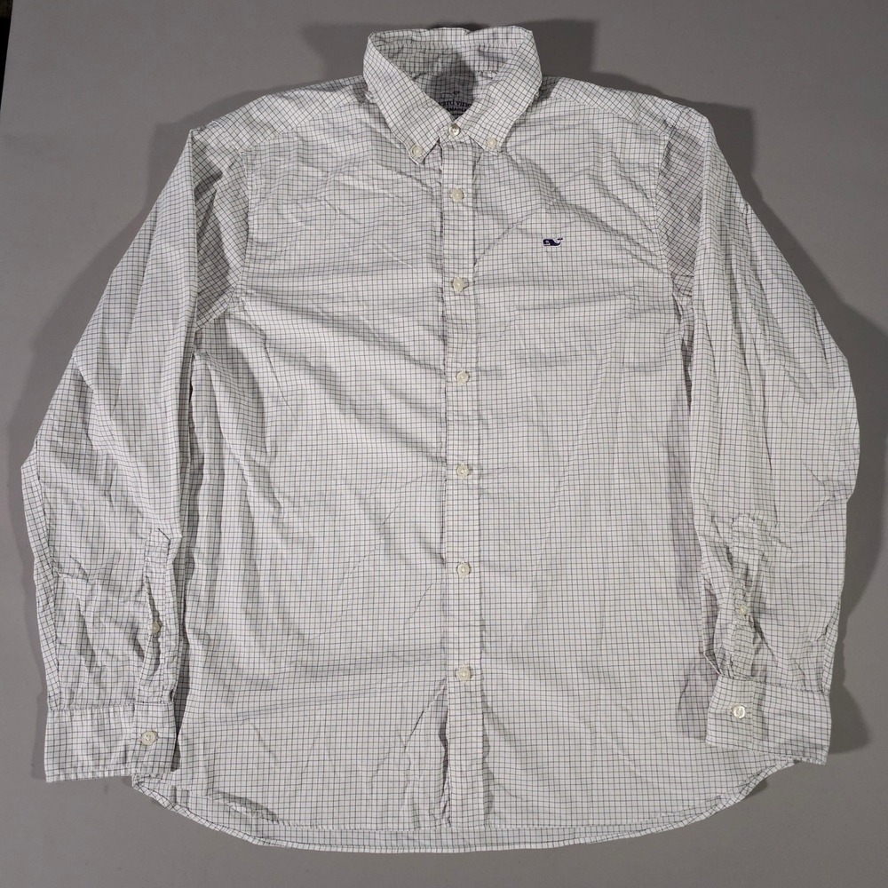 Vineyard Vines Performance Shirt Mens Large White Blue Grid Classic Fit Whale